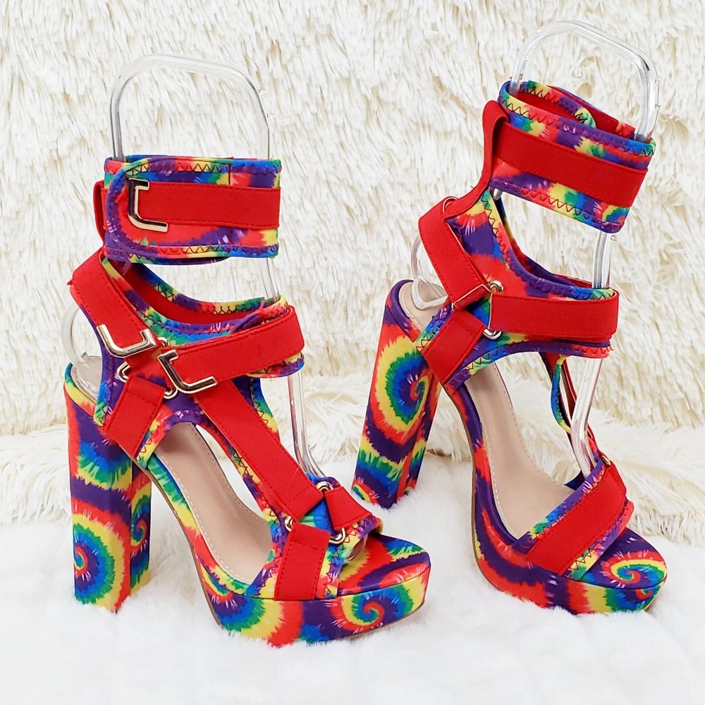 Colorful Tie Dye Harness Chunky Heel Platform Shoe